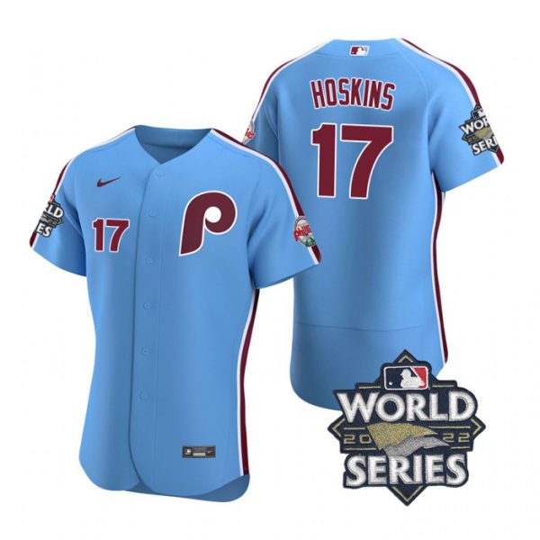 Phillies 17 Rhys Hoskins Blue Nike 2022 World Series Flexbase Jersey->philadelphia phillies->MLB Jersey
